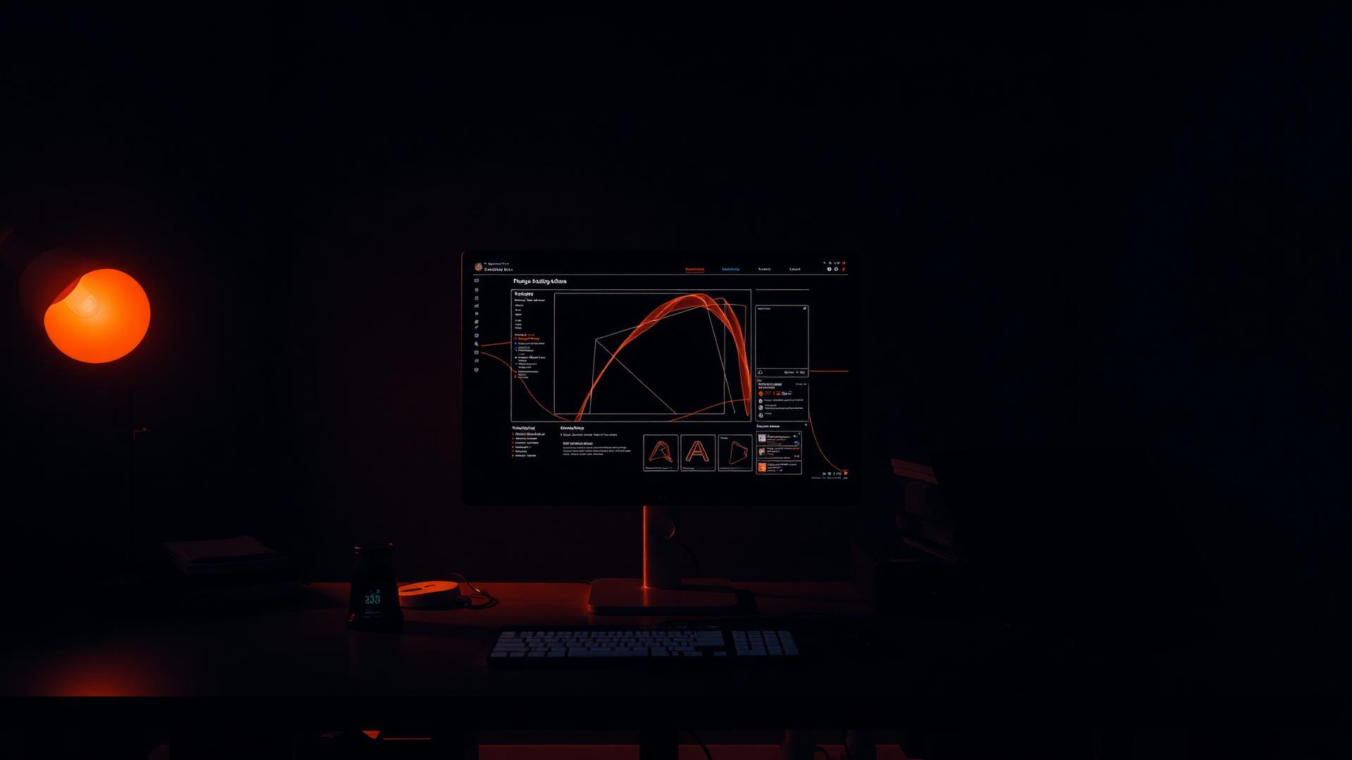 Web design studio workspace lit in amber at night